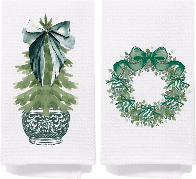 SPBL&L Christmas Kitchen Towels,Green Bow Coquette Xmas Tree Dish Towels for Kitchen Bathroom, Green Christmas Hand Towels for Kitchen,Set of 2 Grandmillennial Decor,16x24 Inches - Image 1